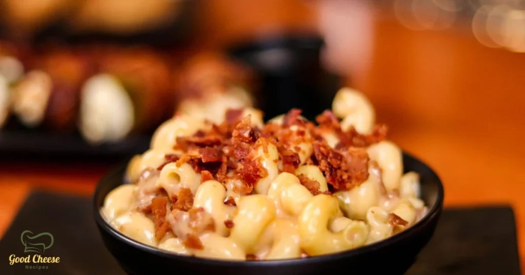 Homemade mac and cheese with creamy cheddar, Parmesan, and Romano cheeses, baked to perfection with a golden crispy top."