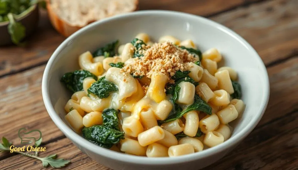 A bowl of creamy mac and cheese with spinach, topped with melted cheese and garnished with fresh herbs.