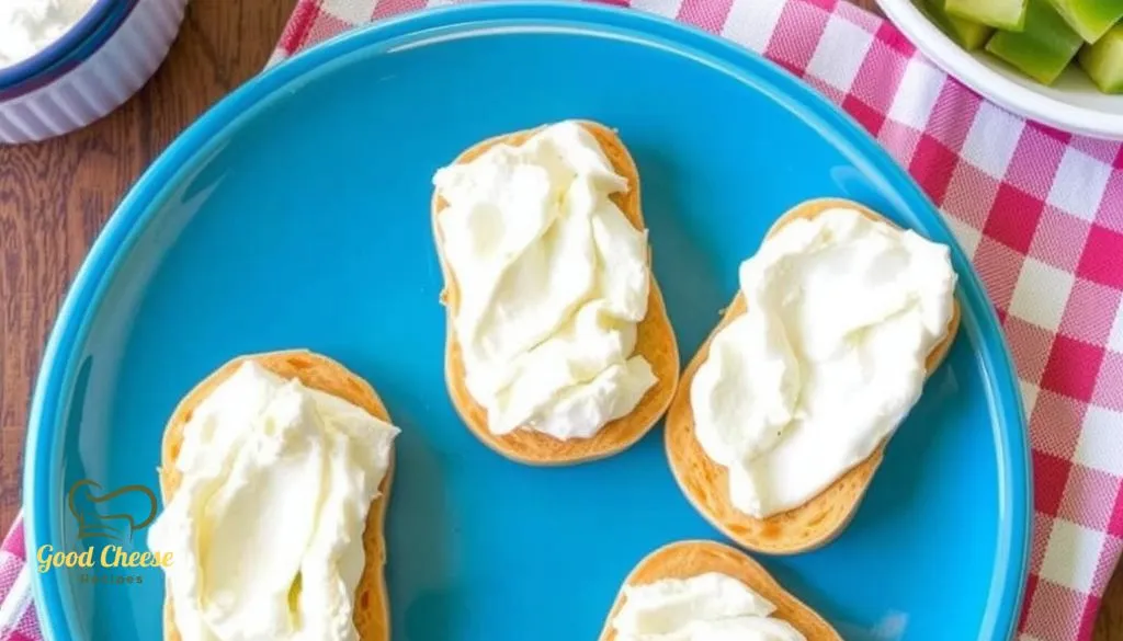 A bright blue plate with four crispy crostini topped with smooth white cream cheese, placed on a checkered tablecloth with a side of cucumber pieces.