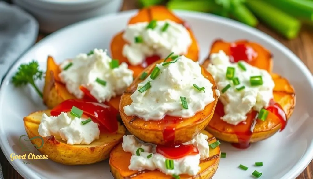 A bowl of diced cottage cheese surrounded by fresh green onions and crispy potato skins, ready for making delicious cottage cheese potato skins.