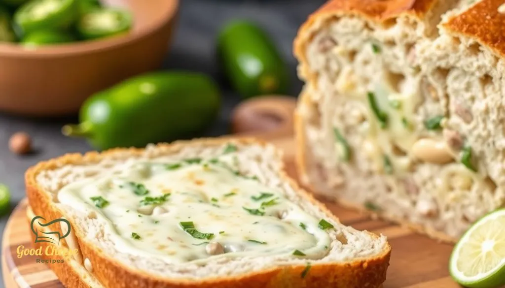A freshly baked loaf of vegan jalapeño cheese artisan bread with a golden crispy crust, melted dairy-free cheese, and spicy jalapeño slices, resting on a wooden cutting board.