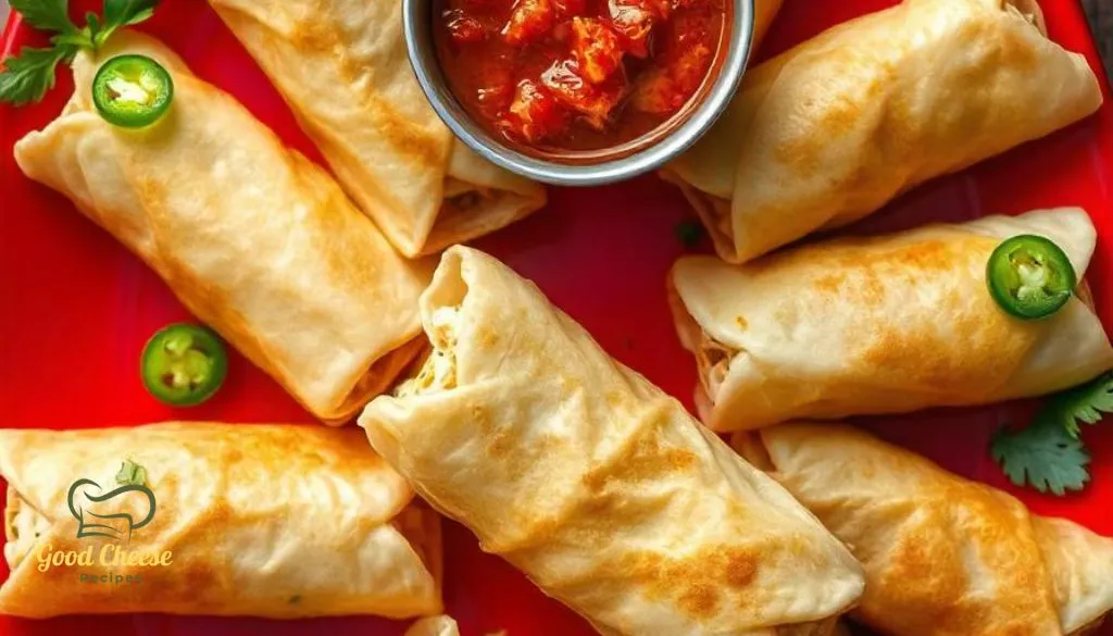 A crispy golden-brown egg roll cut in half, revealing a creamy goat cheese and jalapeño filling, served with a side of sweet chili dipping sauce.