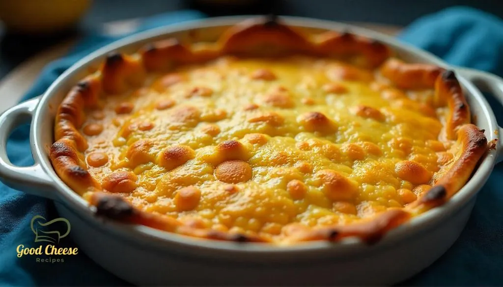 A freshly baked golden-brown cottage cheese casserole in a white baking dish, garnished with herbs and served on a wooden table."