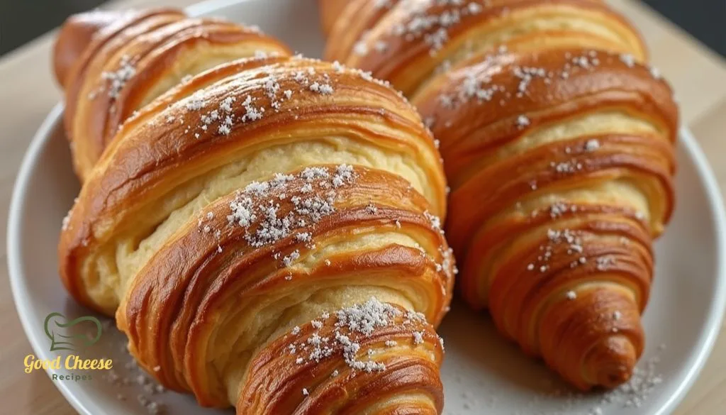 Freshly baked Swiss Gipfeli with golden, flaky layers, sprinkled with sugar, served on a white plate.