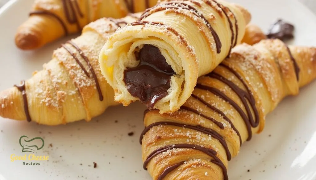 Chocolate-filled Swiss Gipfeli drizzled with melted chocolate and dusted with sugar, served on a white plate.