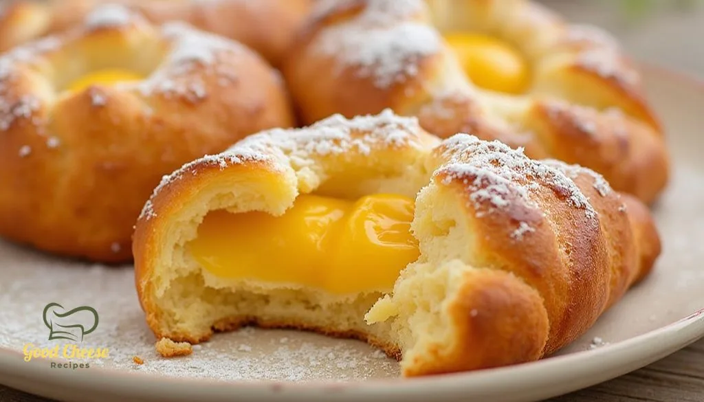 Soft golden pastries filled with creamy custard and dusted with powdered sugar, served on a plate.