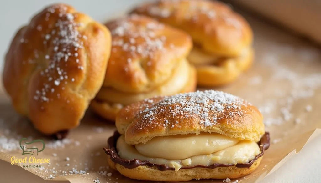 A golden-brown Gipfeli sliced open, revealing a rich chocolate and cream filling,