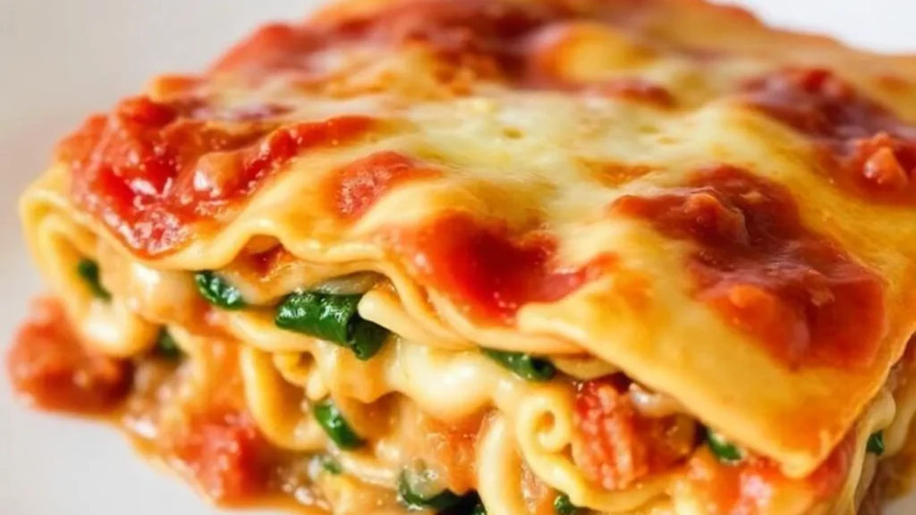 A close-up of a slice of lasagna with golden melted cheese, rich tomato sauce, and layers of pasta, spinach, and gooey cheese.