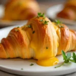 A golden-brown croissant with melted cheese oozing out, garnished with fresh herbs, served on a white plate.