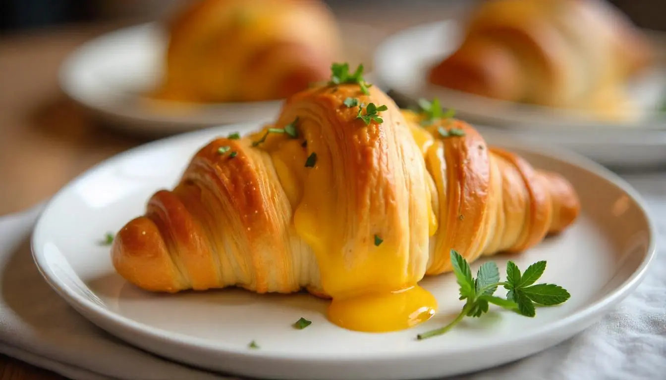 A golden-brown croissant with melted cheese oozing out, garnished with fresh herbs, served on a white plate.