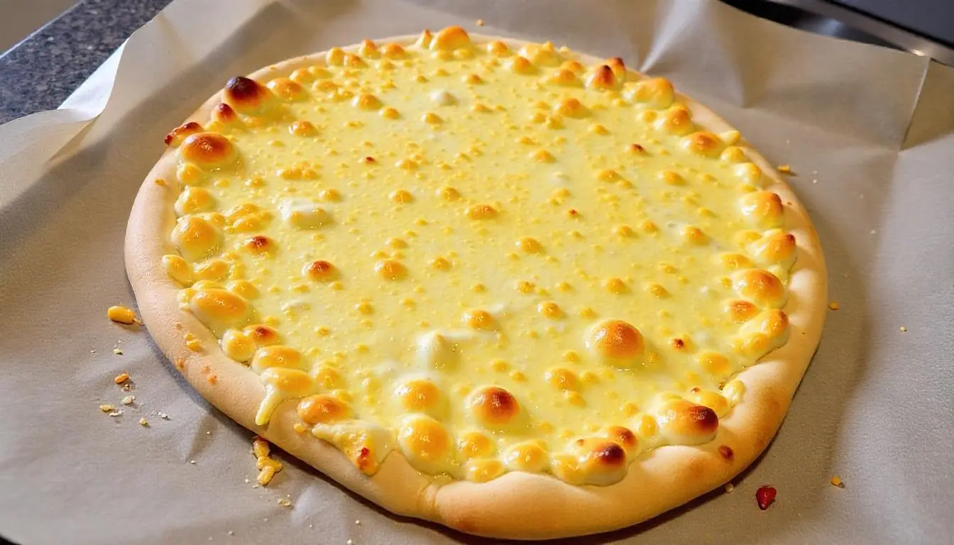cottage cheese pizza crust, bubbly cheese topping and a thick, hand-rolled crust, resting on parchment paper.