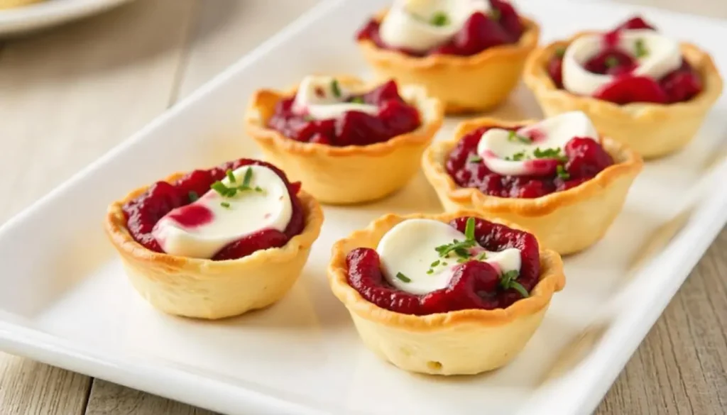 Crispy phyllo cups filled with creamy goat cheese and topped with cranberries, perfect for Thanksgiving.