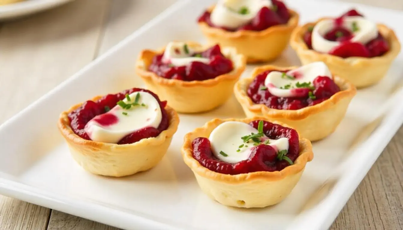 Crispy phyllo cups filled with creamy goat cheese and topped with cranberries, perfect for Thanksgiving.