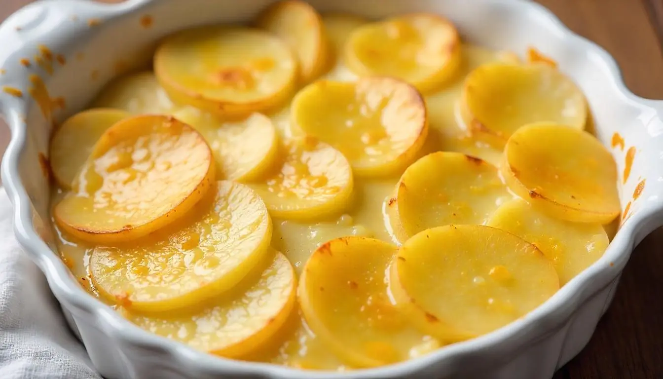 A close-up of a baked dish featuring thinly sliced potatoes seasoned with cheese powder and spices, arranged in a white baking dish.