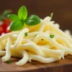 A pile of organic mozzarella string cheese on a wooden board, garnished with fresh basil leaves and chopped green onions, with cherry tomatoes in the background.