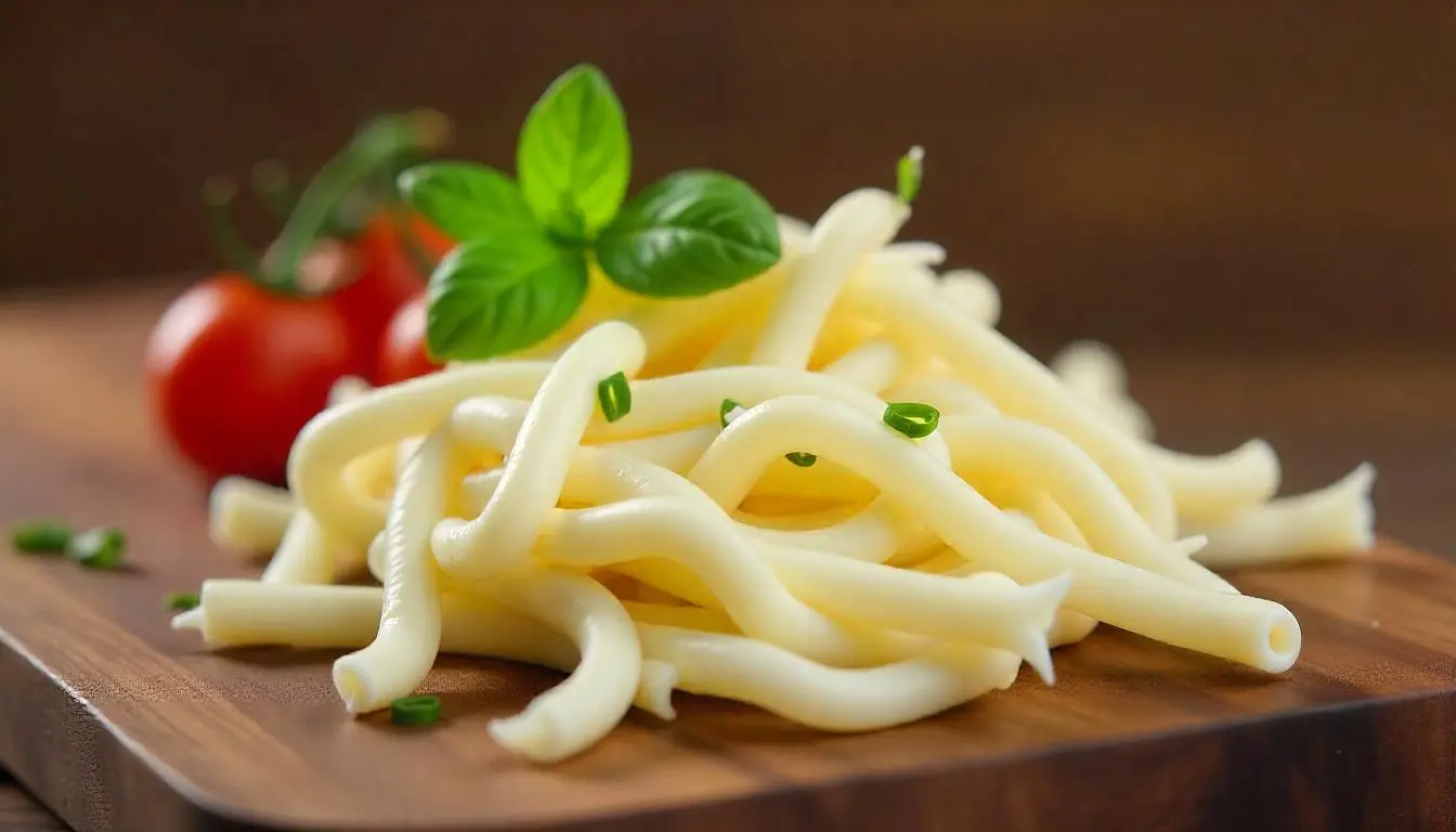 A pile of organic mozzarella string cheese on a wooden board, garnished with fresh basil leaves and chopped green onions, with cherry tomatoes in the background.