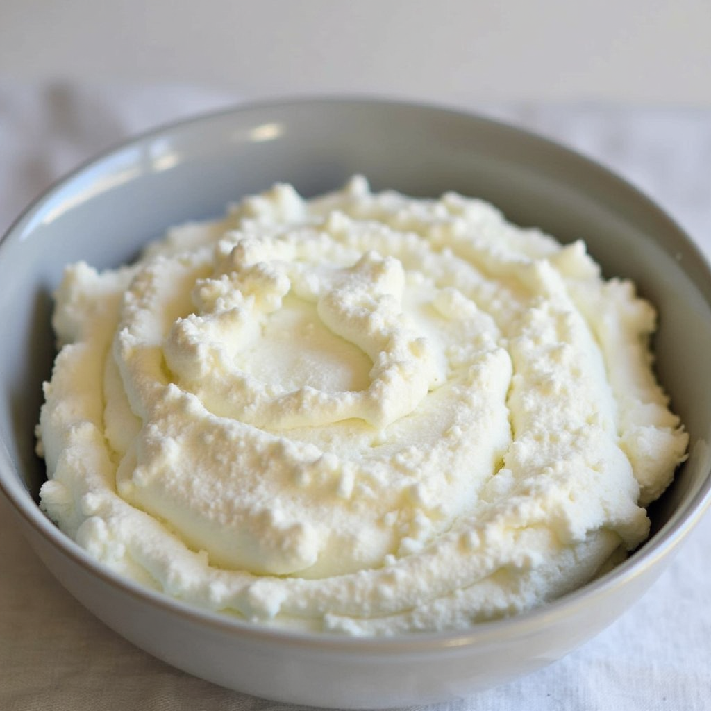 A bowl filled with fresh, homemade ricotta cheese, showcasing a creamy and slightly grainy texture.